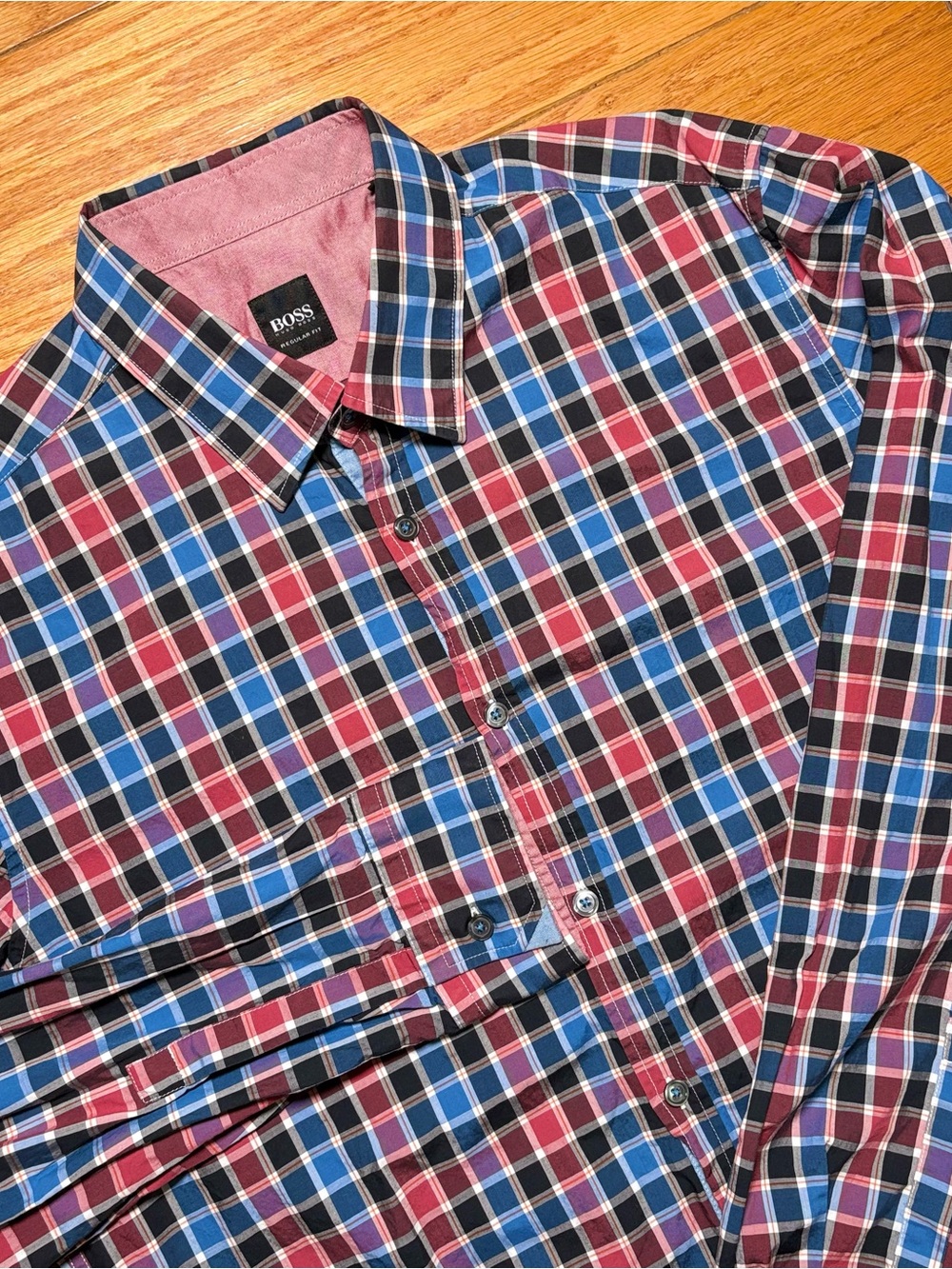 BOSS Men's Red, Blue & Black Plaid Button-Down Shirt
